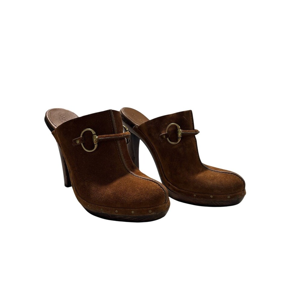 Y2K Gucci Brown Suede Horsebit Platform Mule Clogs Heels Size 7.5 Made in Italy - Picture 3 of 13
